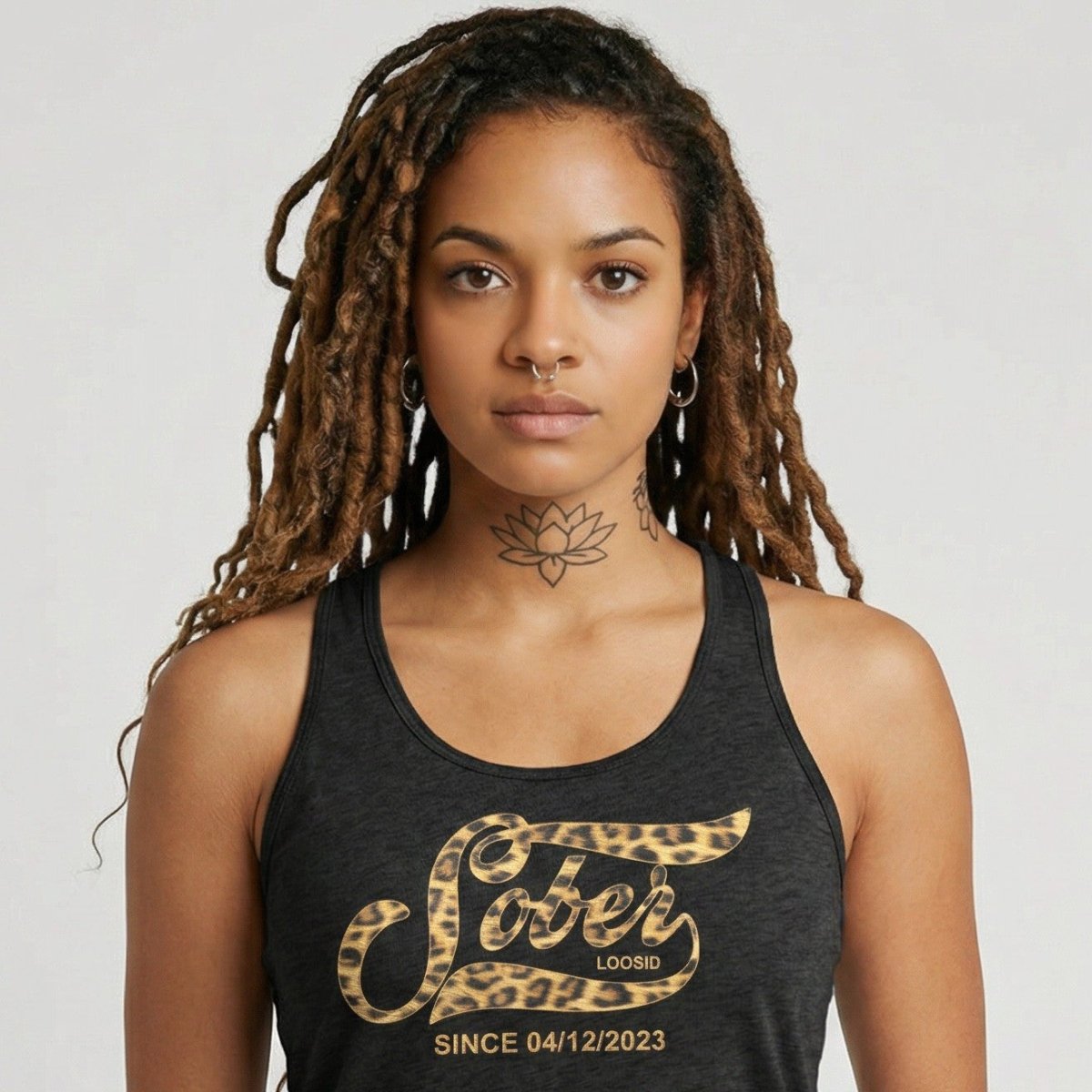 Leopard Sober Since Racerback Tank w/ Personalized Sobriety Date