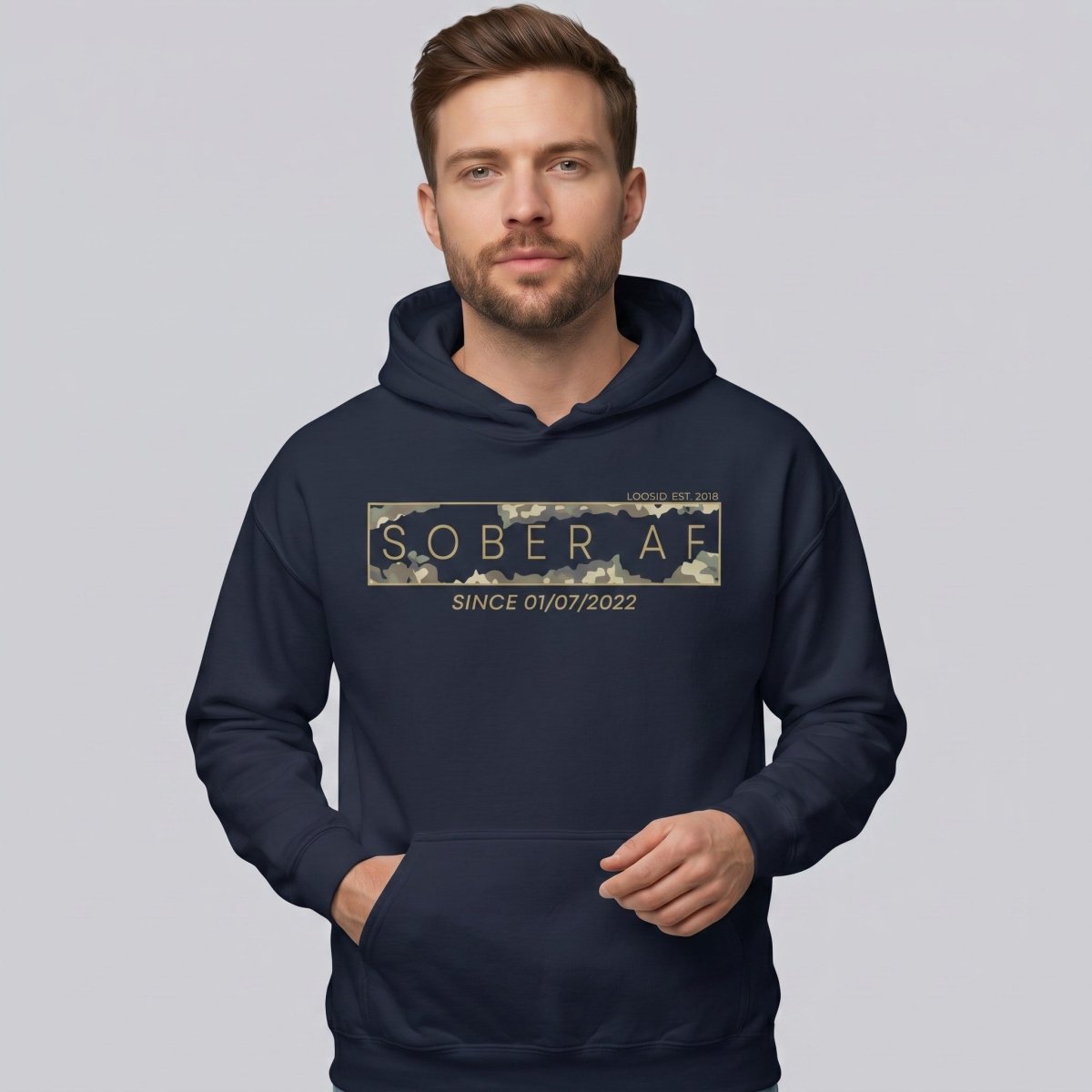 Recovery Hoodie | Men's Sober AF Camo Hoodie with Custom Sober Date