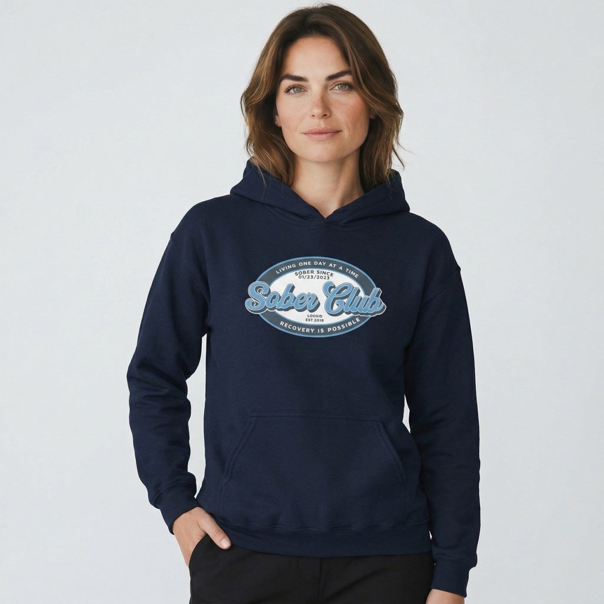 Sober Club Badge Unisex Hoodie with Custom Sobriety Date