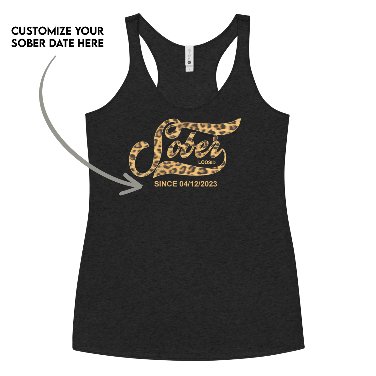 Leopard Sober Since Racerback Tank w/ Personalized Sobriety Date