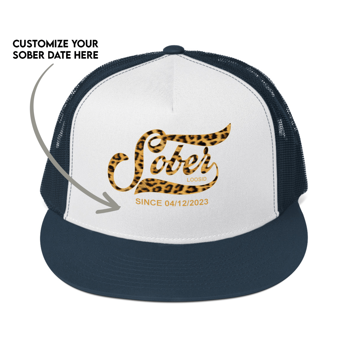 Leopard Sober Since Printed Trucker Cap w/ Personalized Sobriety Date