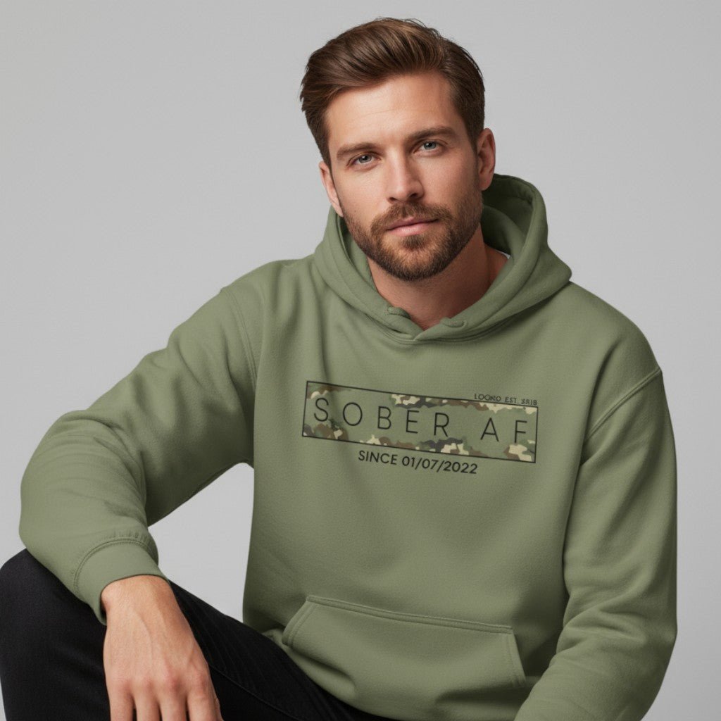 Recovery Hoodie | Men's Sober AF Camo Hoodie with Custom Sober Date