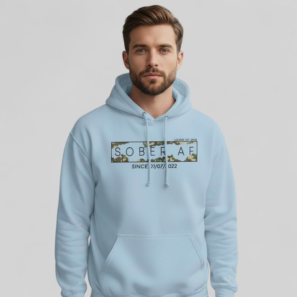Recovery Hoodie | Men's Sober AF Camo Hoodie with Custom Sober Date