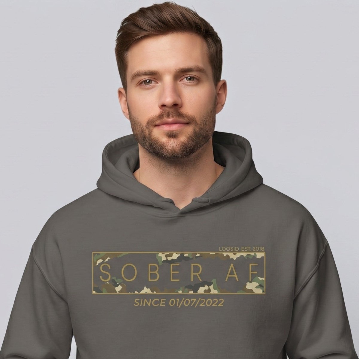 Recovery Hoodie | Men's Sober AF Camo Hoodie with Custom Sober Date