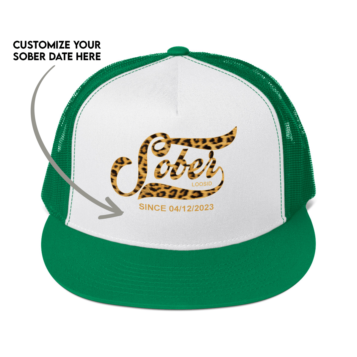 Leopard Sober Since Printed Trucker Cap w/ Personalized Sobriety Date