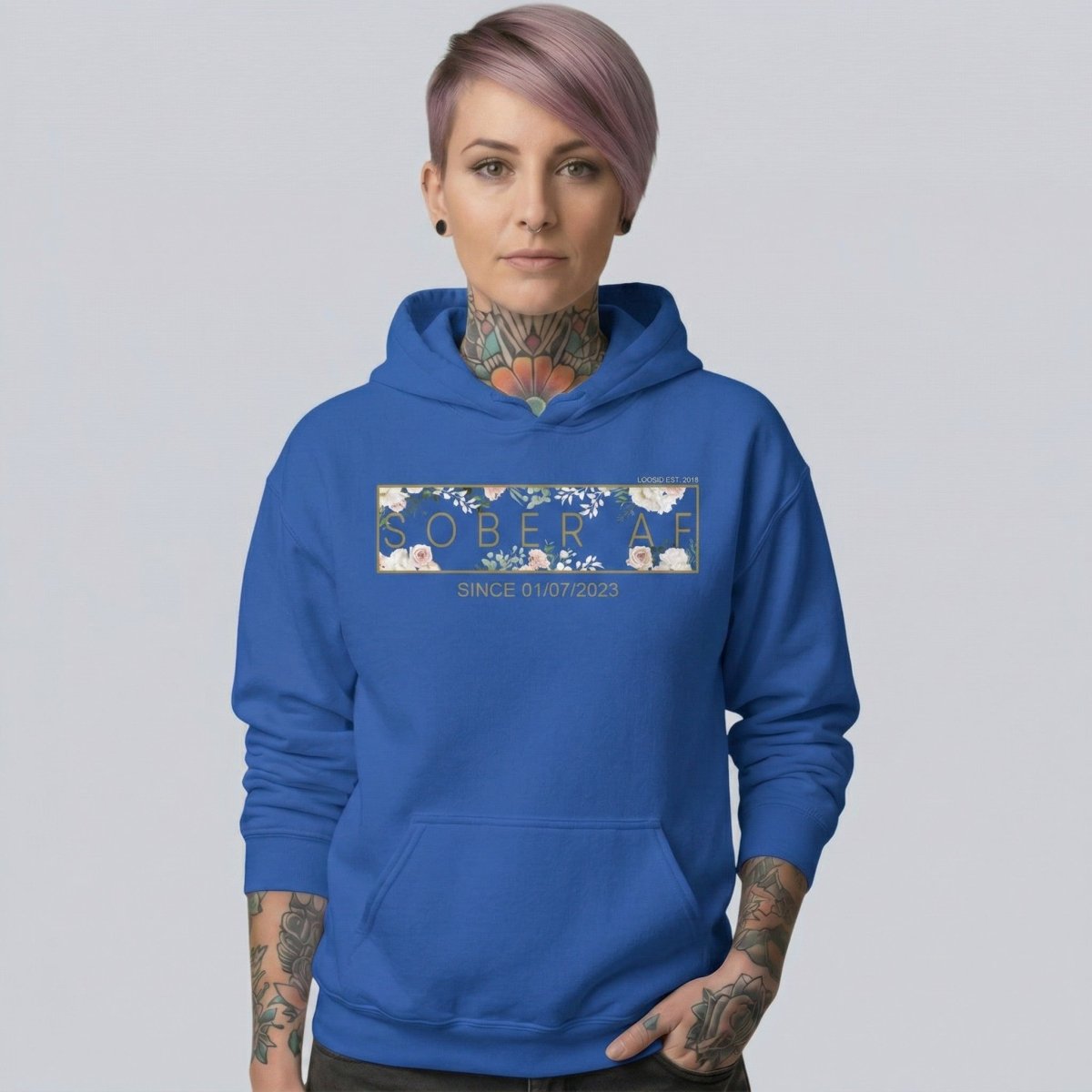 Recovery Hoodie | Women's Sober AF Flower Hoodie with Custom Date