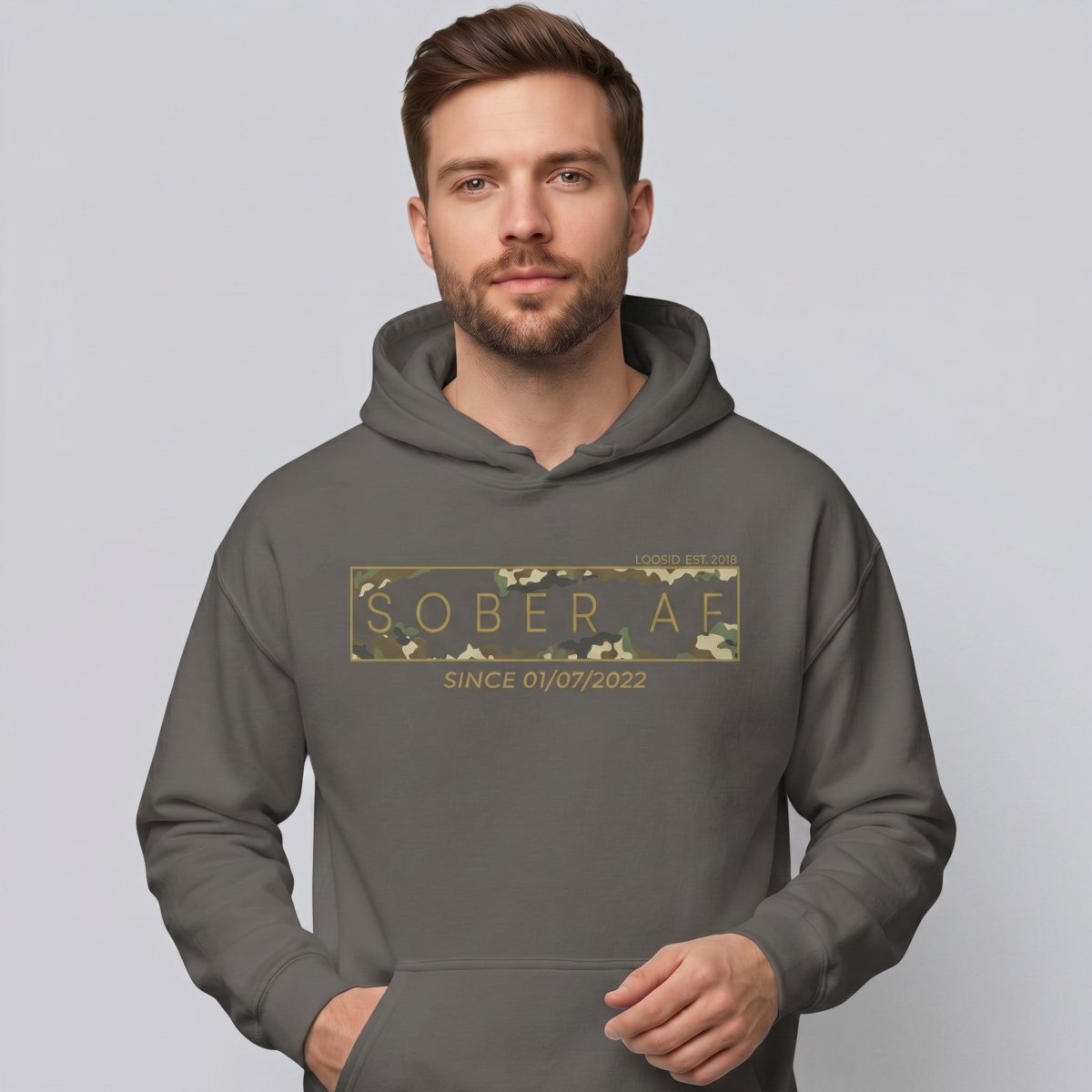 Recovery Hoodie | Men's Sober AF Camo Hoodie with Custom Sober Date