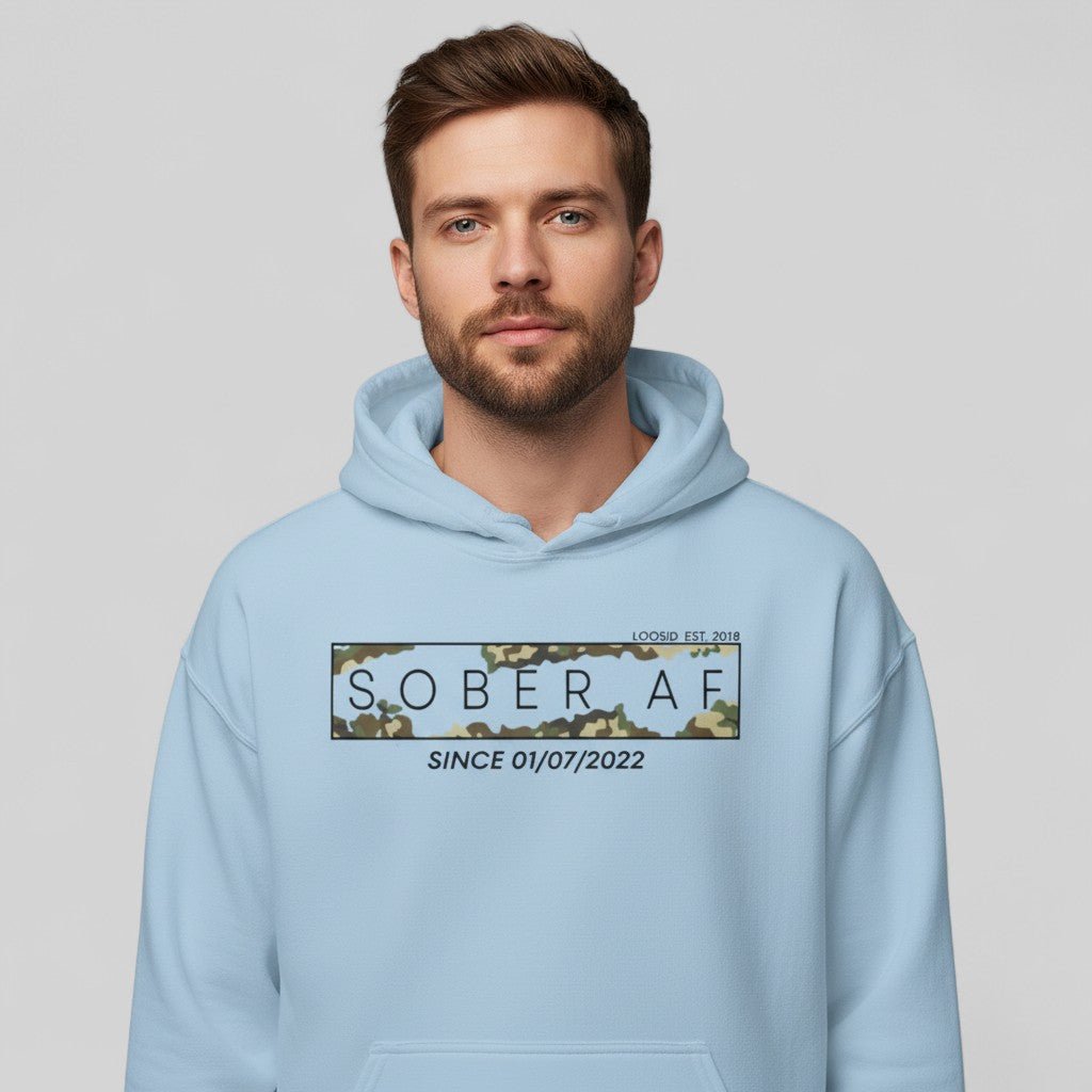 Recovery Hoodie | Men's Sober AF Camo Hoodie with Custom Sober Date