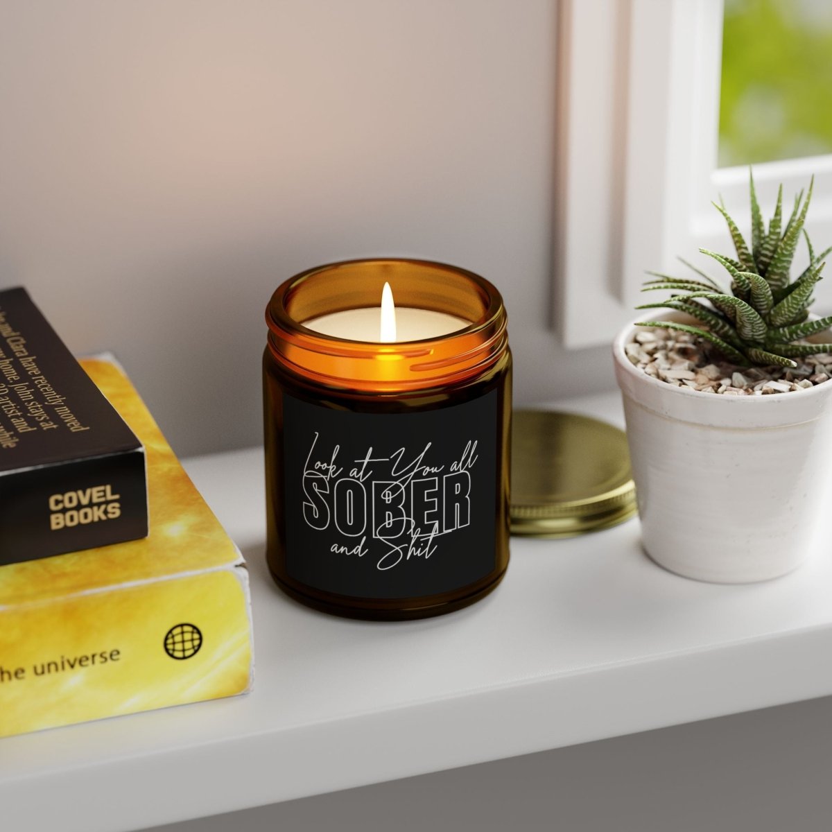 Look At You Scented Coconut Apricot Sobriety Candle flat lay styled image (view 3)