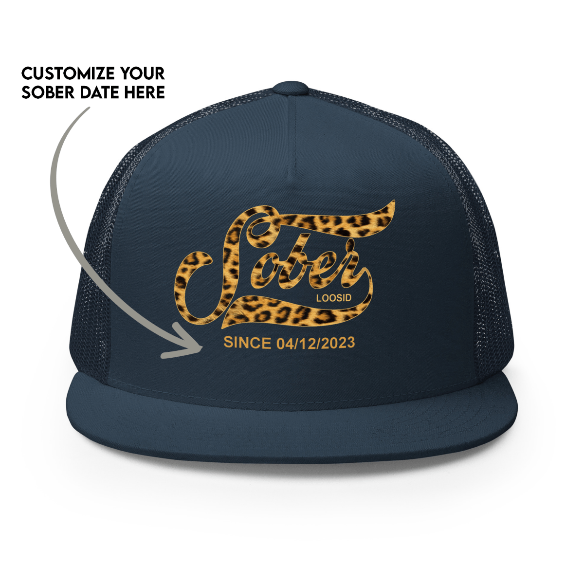 Leopard Sober Since Printed Trucker Cap w/ Personalized Sobriety Date