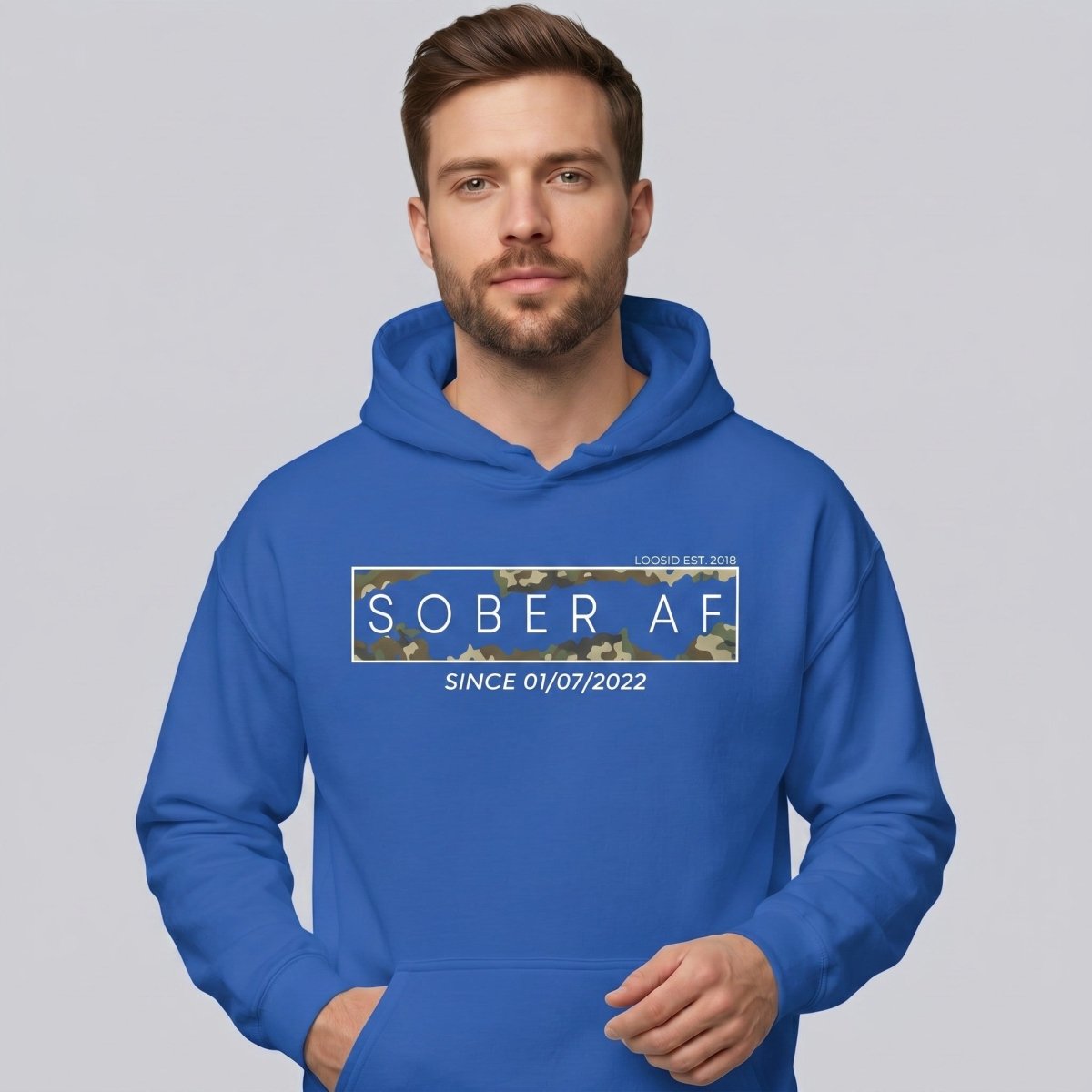 Recovery Hoodie | Men's Sober AF Camo Hoodie with Custom Sober Date