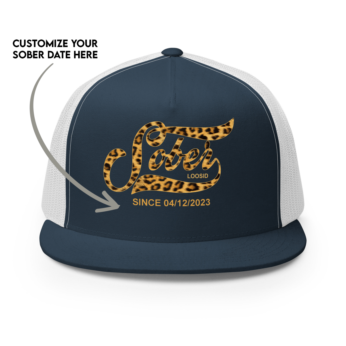 Leopard Sober Since Printed Trucker Cap w/ Personalized Sobriety Date