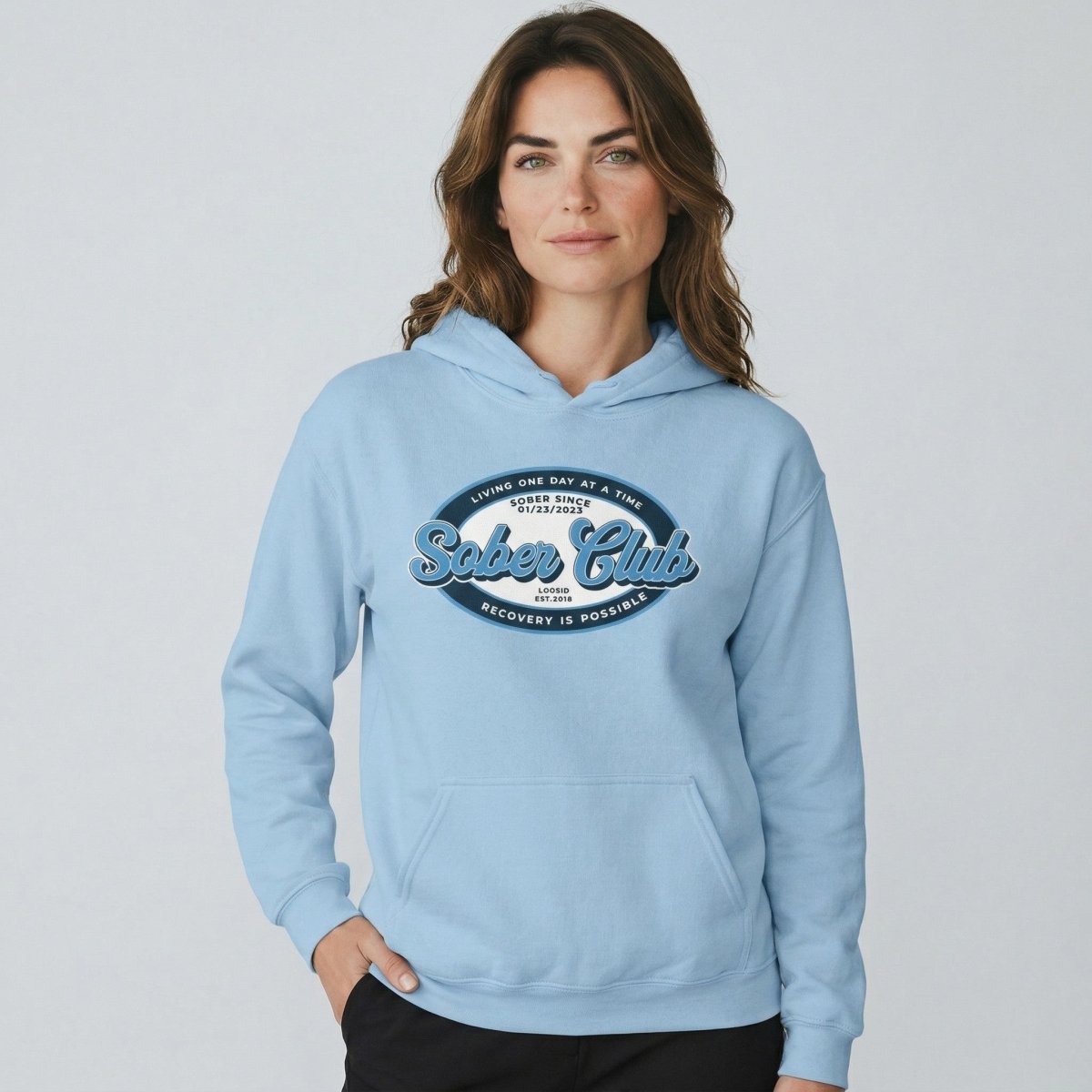 Sober Club Badge Unisex Hoodie with Custom Sobriety Date