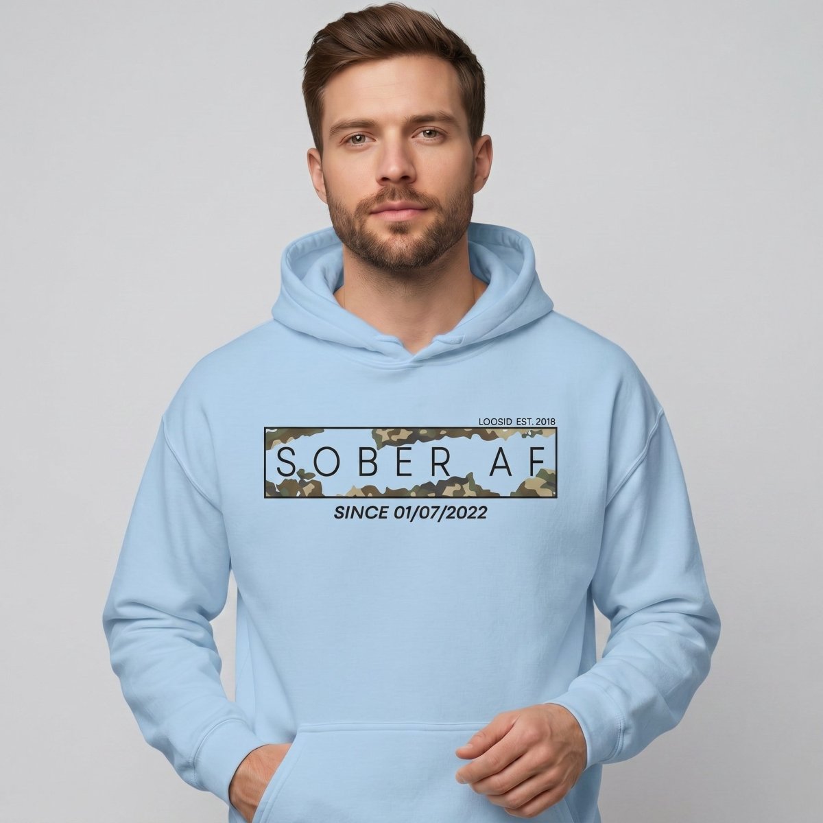 Recovery Hoodie | Men's Sober AF Camo Hoodie with Custom Sober Date