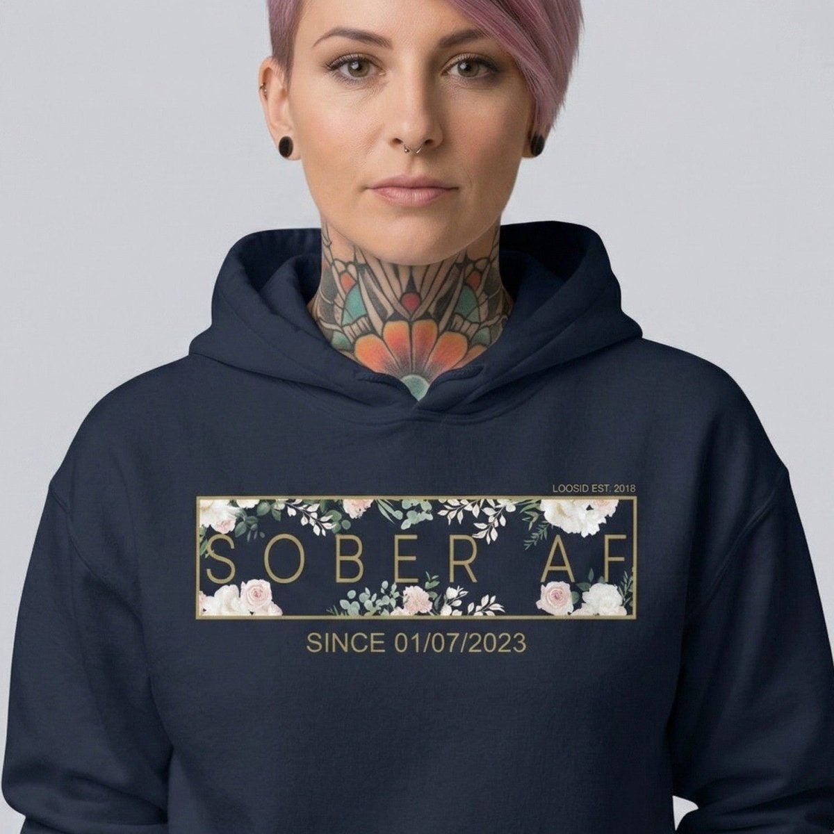 Recovery Hoodie | Women's Sober AF Flower Hoodie with Custom Date