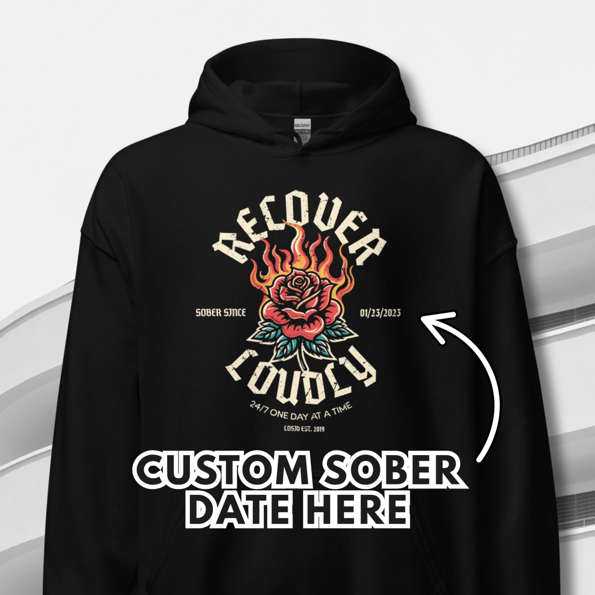 Recovery Hoodie celebrating sobriety and personal strength