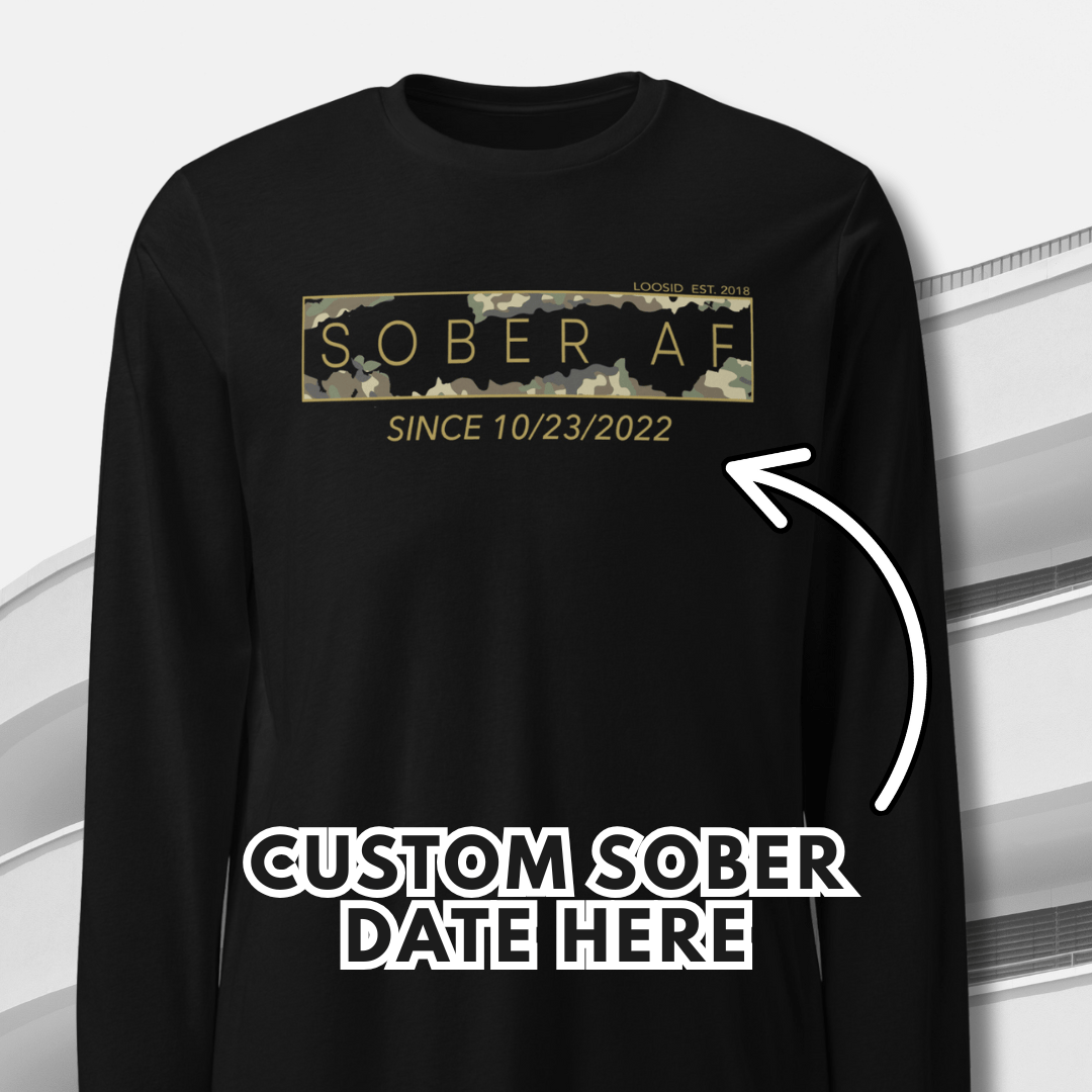 Men's Sober AF Camo Long Sleeve T-shirt with Custom Sobriety Date