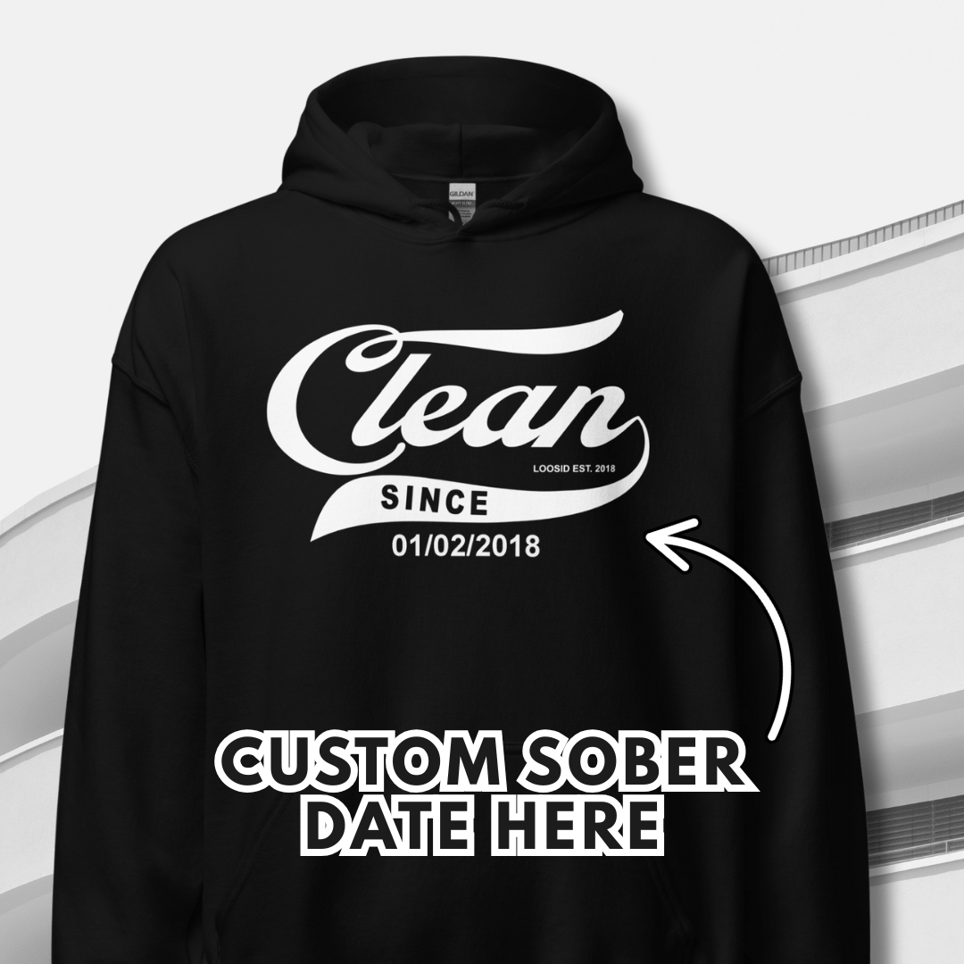 Clean Since Hoodie with Date Recovery Hoodie flat lay styled image (view 3)
