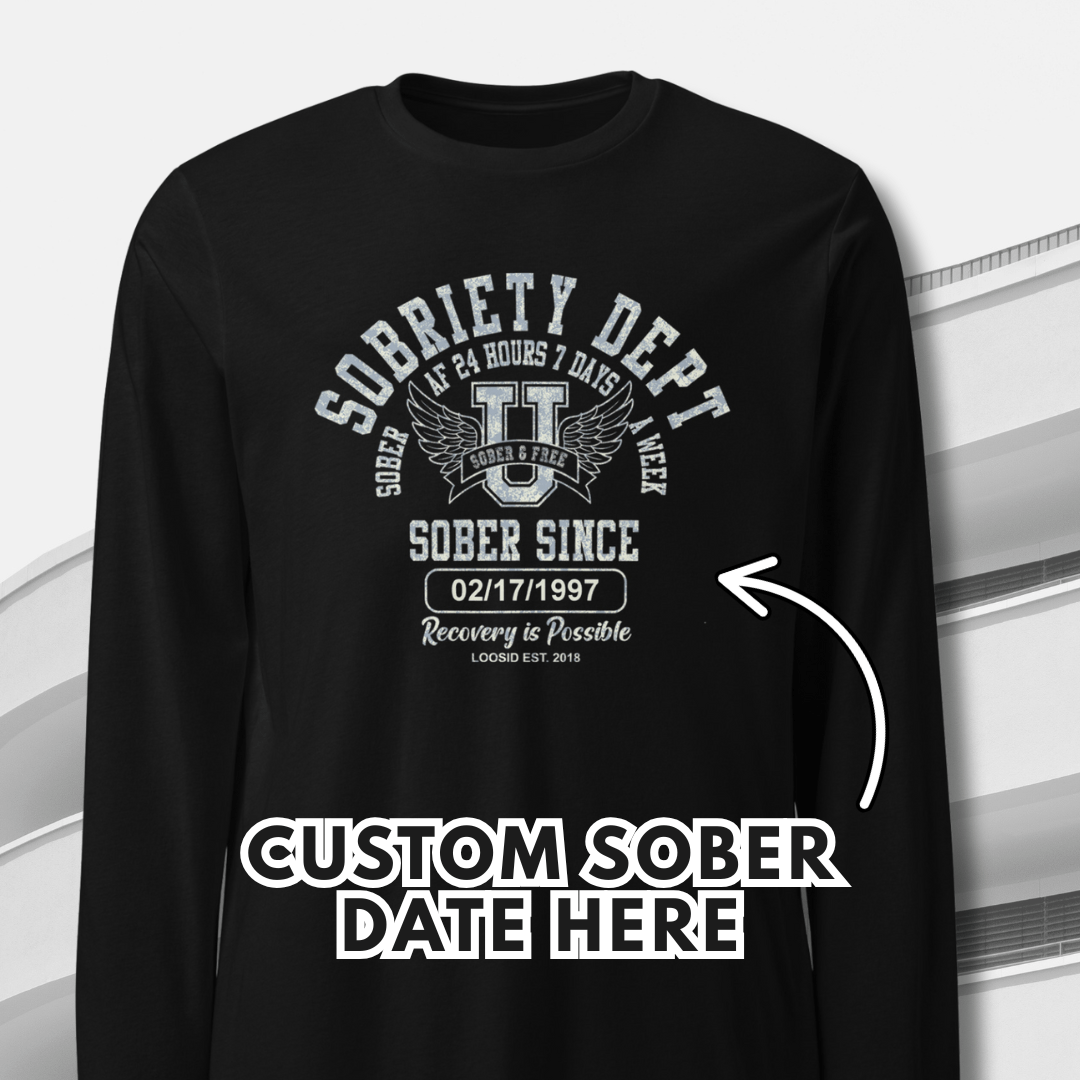 Men's Sobriety Dept Sober AF 24/7 Long Sleeve T-shirt with Custom Sobriety Date