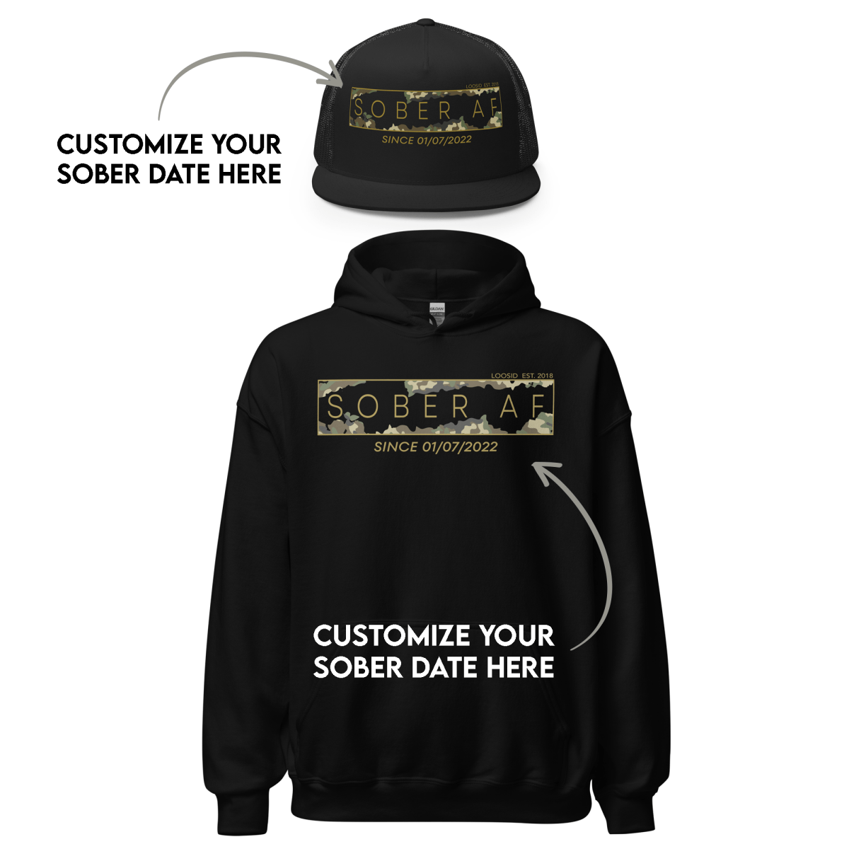 Men's Sober AF Camo Hoodie + Trucker Hat Bundle w/ Personalized Sobriety Date