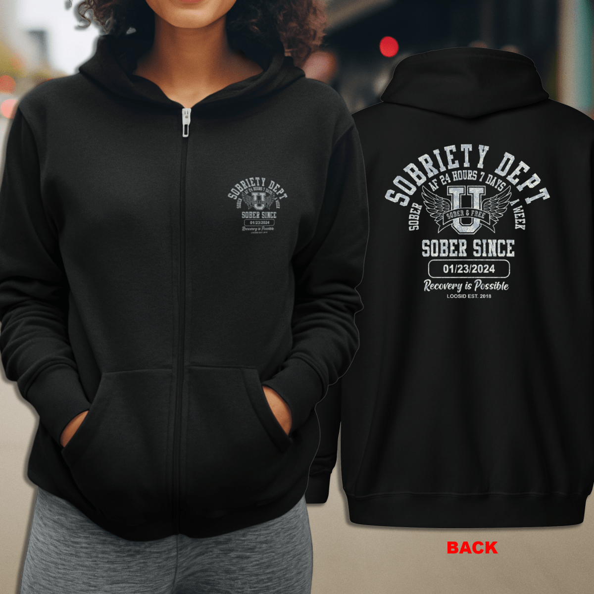 Sobriety Dept Zip Hoodie – Sober AF 24/7 with Custom Sobriety Date