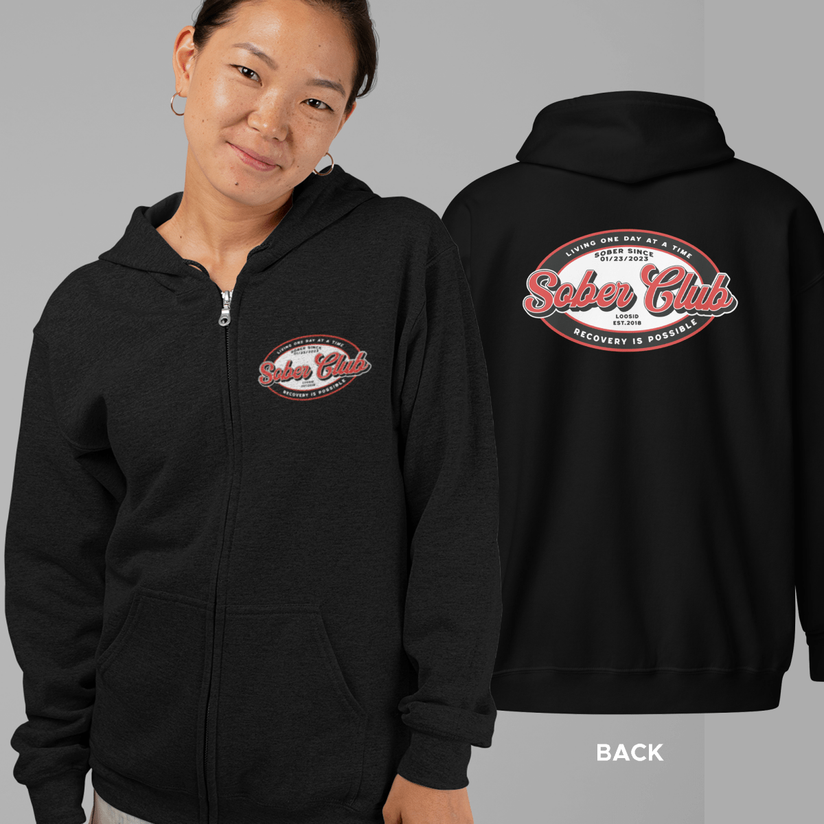 Sober Club Badge Left Chest Print Unisex Zip Hoodie with Custom Sobriety Date