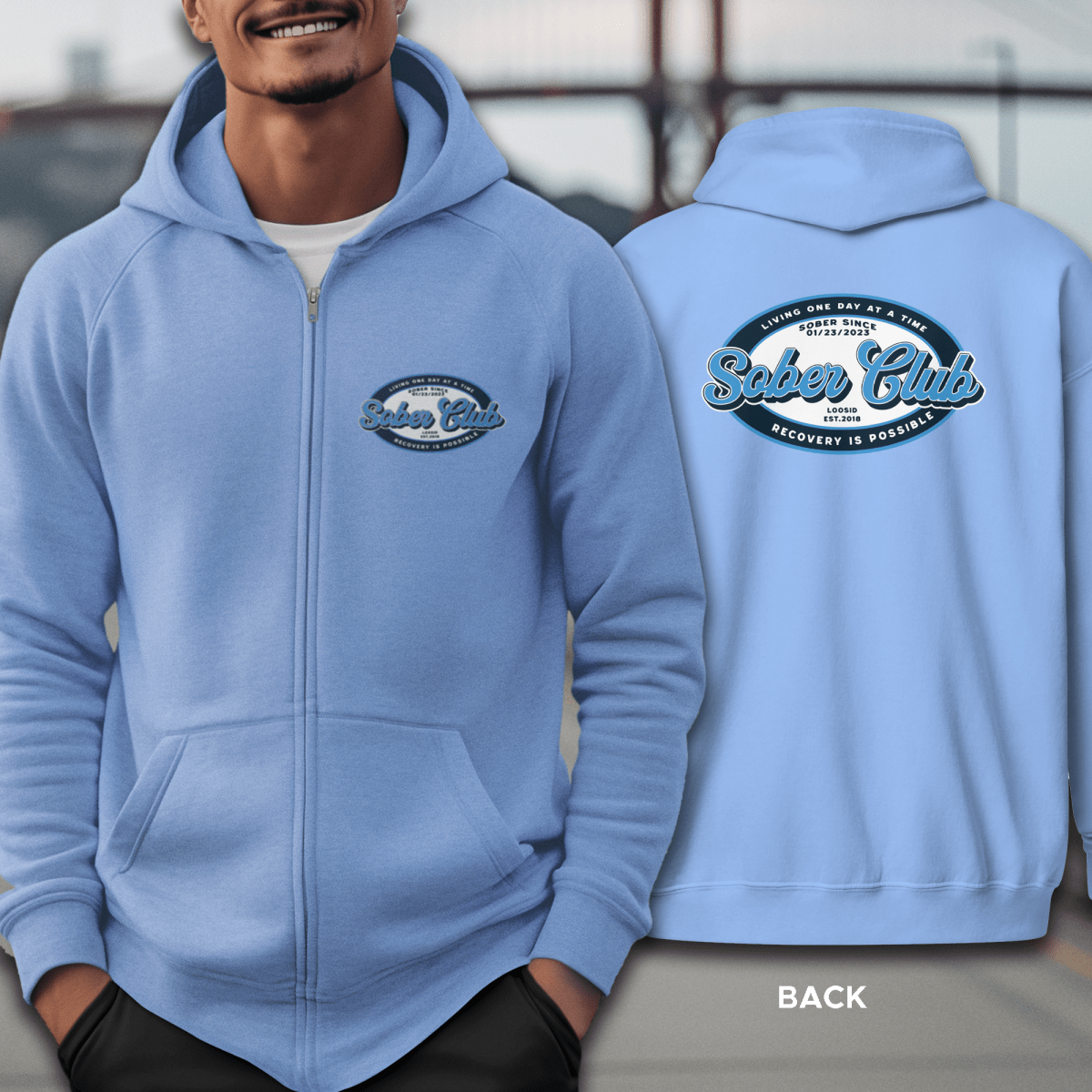Sober Club Badge Unisex Zip Hoodie Front and Back Print Hoodie with Custom Sobriety Date (Front & Back)