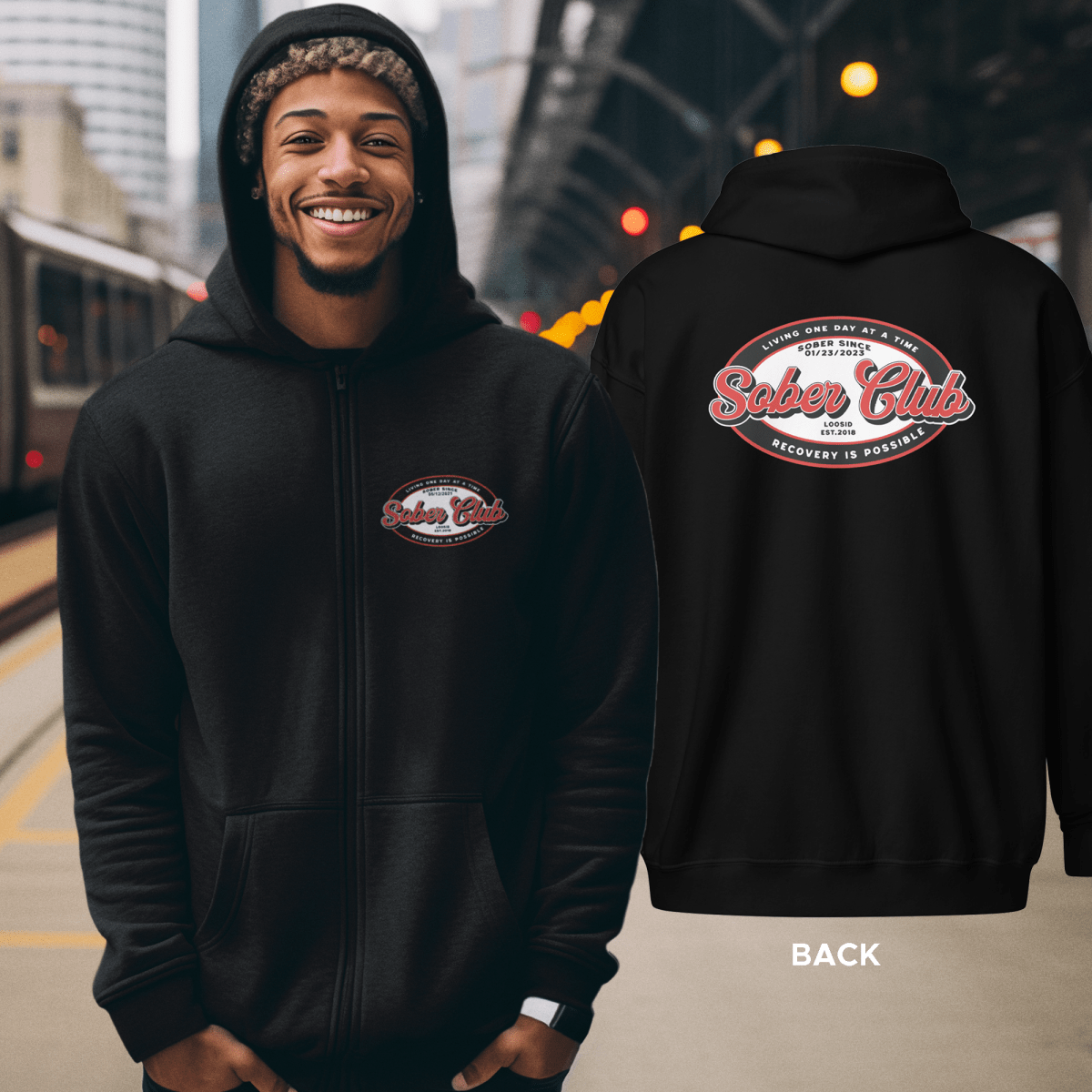 Sober Club Badge Unisex Zip Hoodie Front and Back Print Hoodie with Custom Sobriety Date (Front & Back)