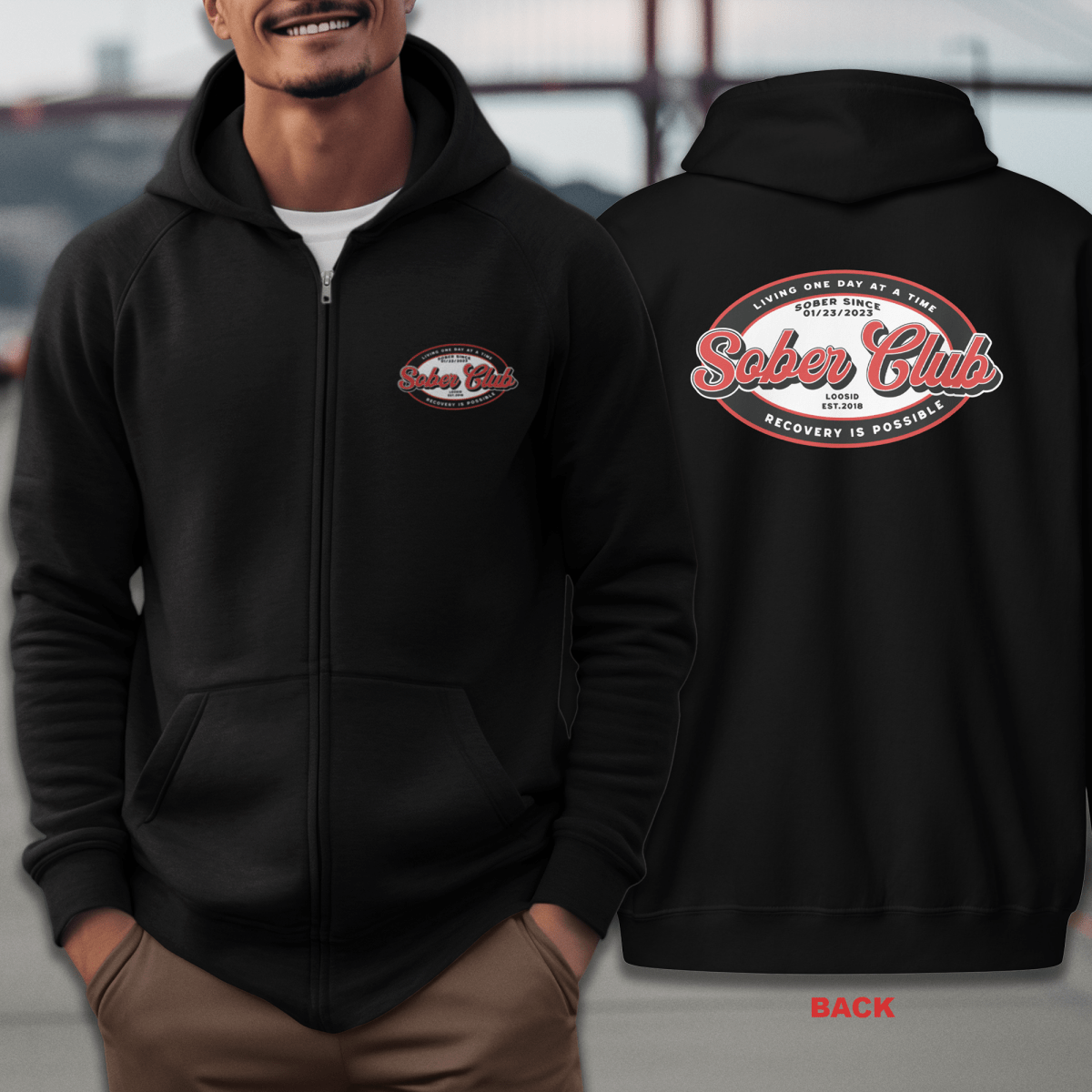 Sober Club Badge Unisex Zip Hoodie Front and Back Print Hoodie with Custom Sobriety Date