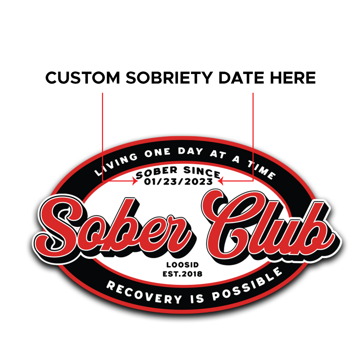 Sober Club Badge Left Chest Print Unisex Zip Hoodie with Custom Sobriety Date