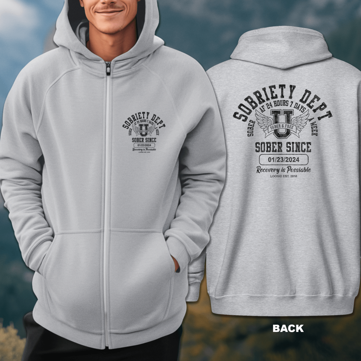 Sobriety Dept Unisex Zip Recovery Hoodie lifestyle view (view 15)