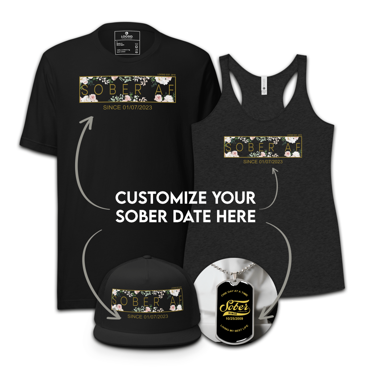 Women's Sober AF Flower Bundle w/ Personalized Sobriety Date | Hoodie + T-Shirt + Trucker Hat + Dog Tag