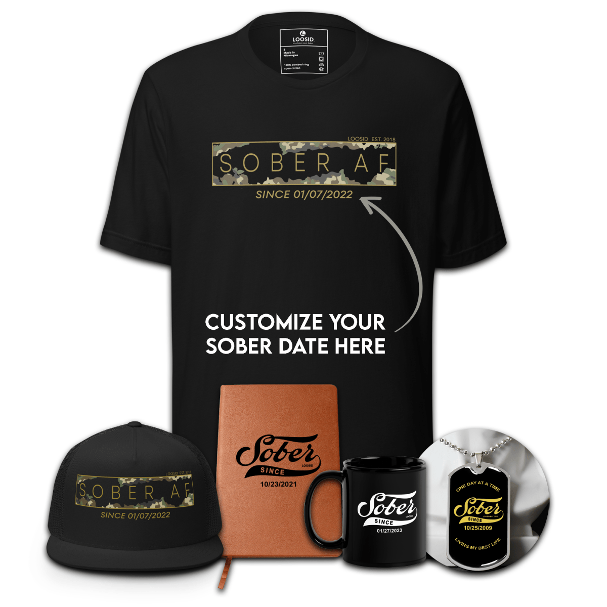 men's sobriety gift camo bundle display