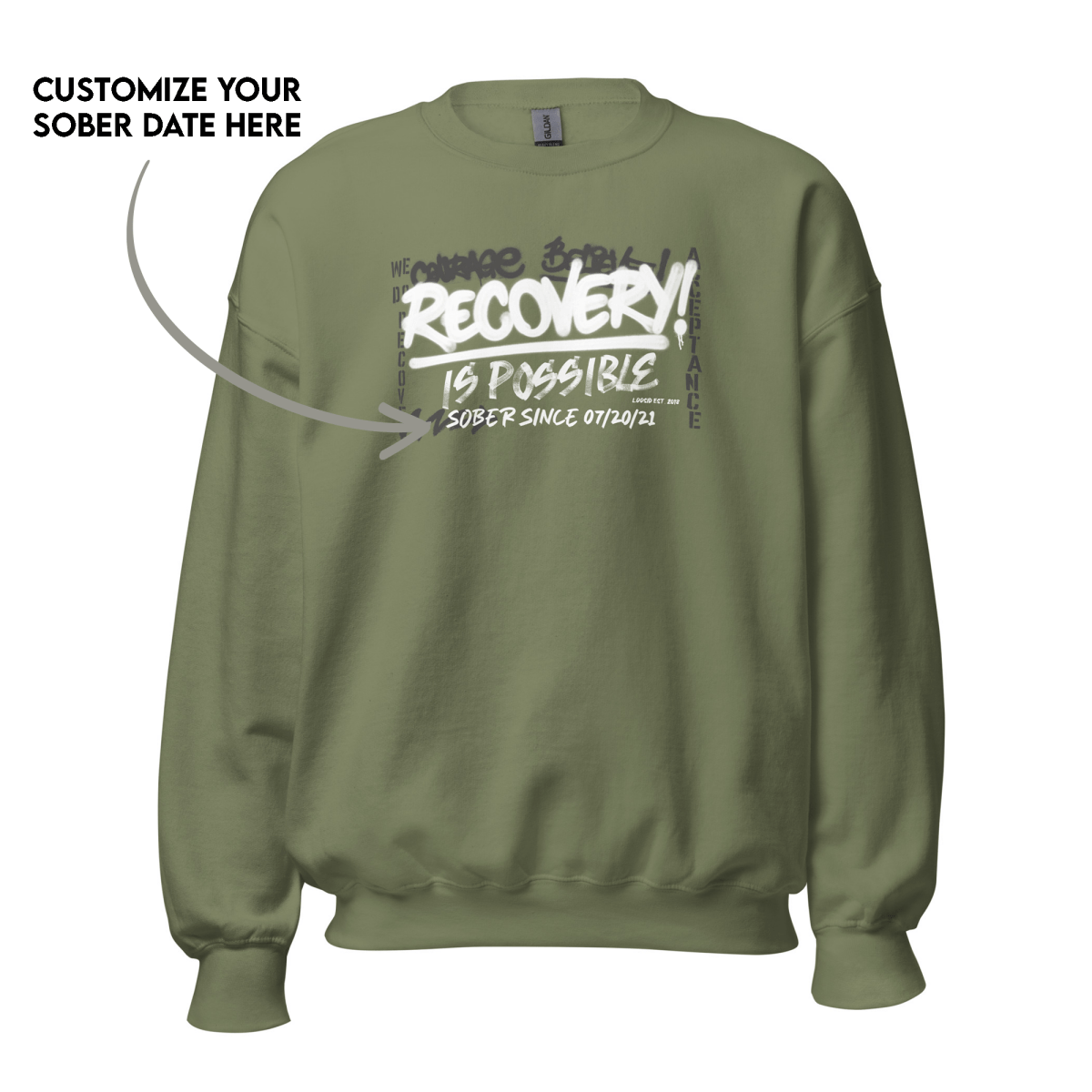 Personalized Recovery Sweater featuring custom sober date