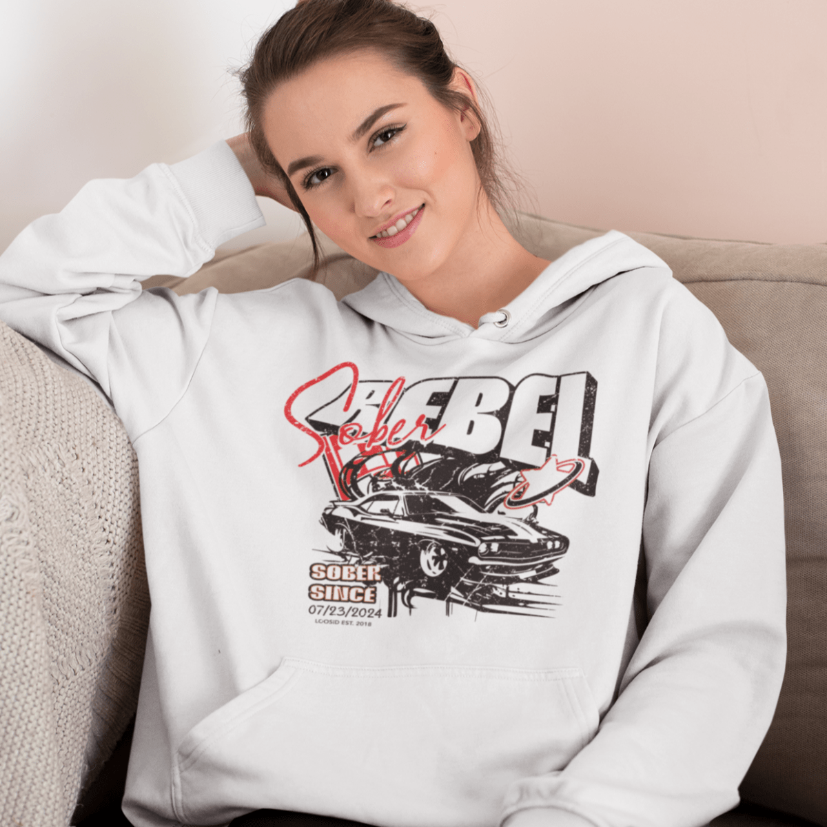 Sober Rebel Custom Sobriety Date Recovery Hoodie close-up view (view 2)