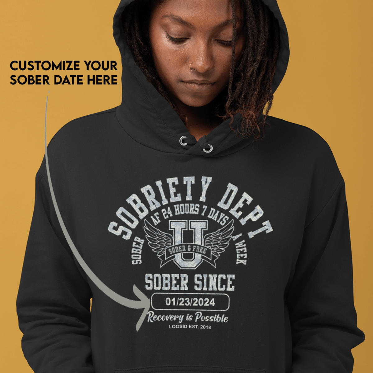 Recovery Hoodie with bold collegiate varsity design