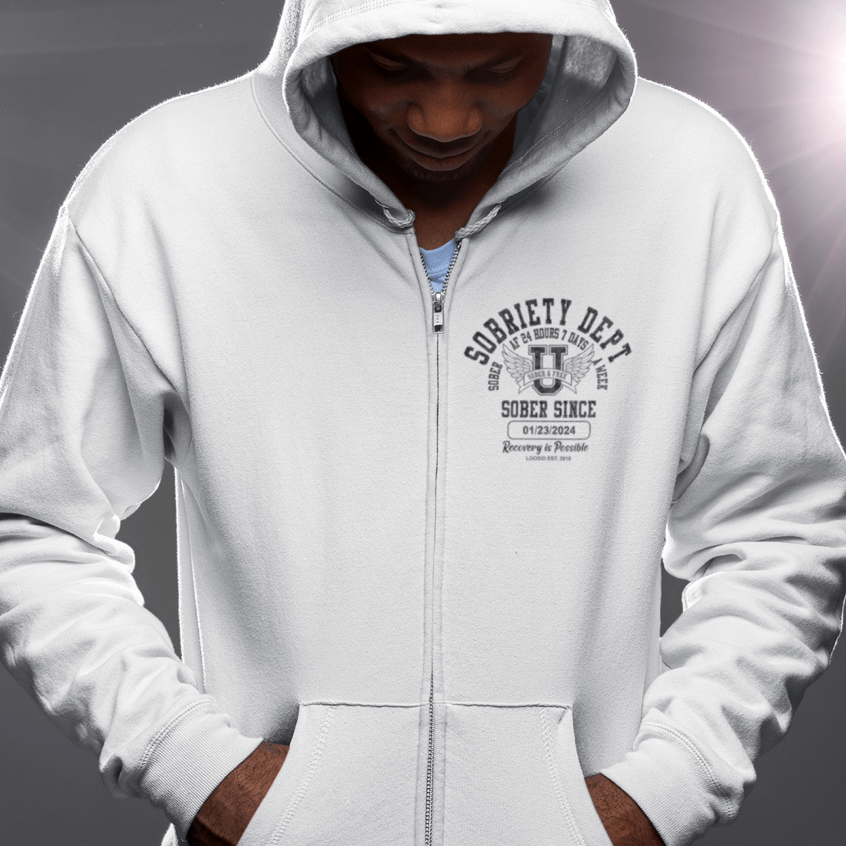 Recovery Hoodie with bold varsity-inspired design