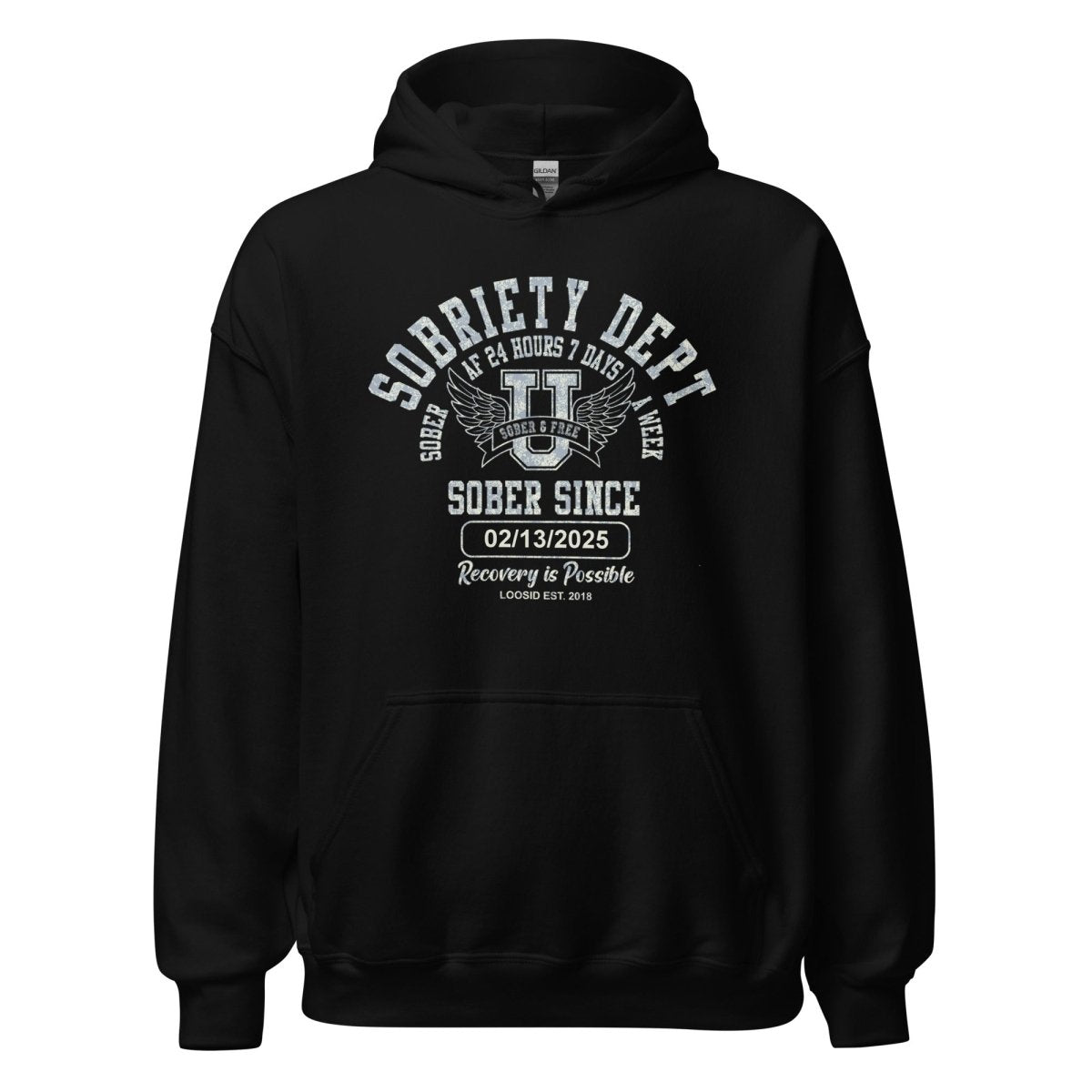 Recovery Hoodie with distressed vintage-style lettering