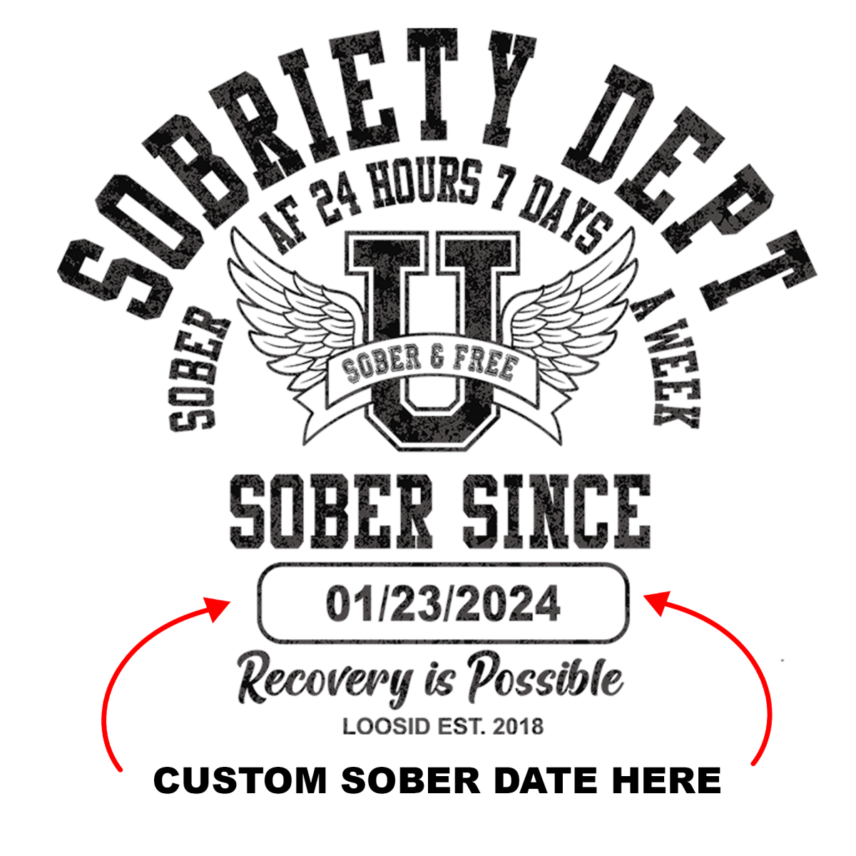 Recovery Hoodie with distressed vintage-style lettering