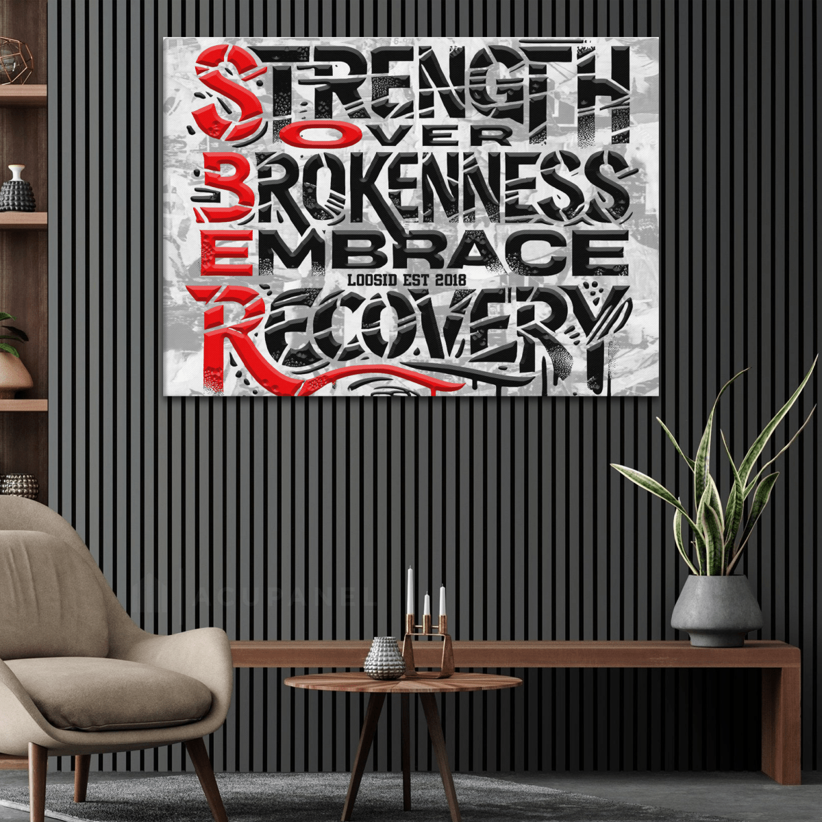SOBER Strength Graffiti Canvas for Bold Recovery Decor Sobriety Art close-up view (view 2)