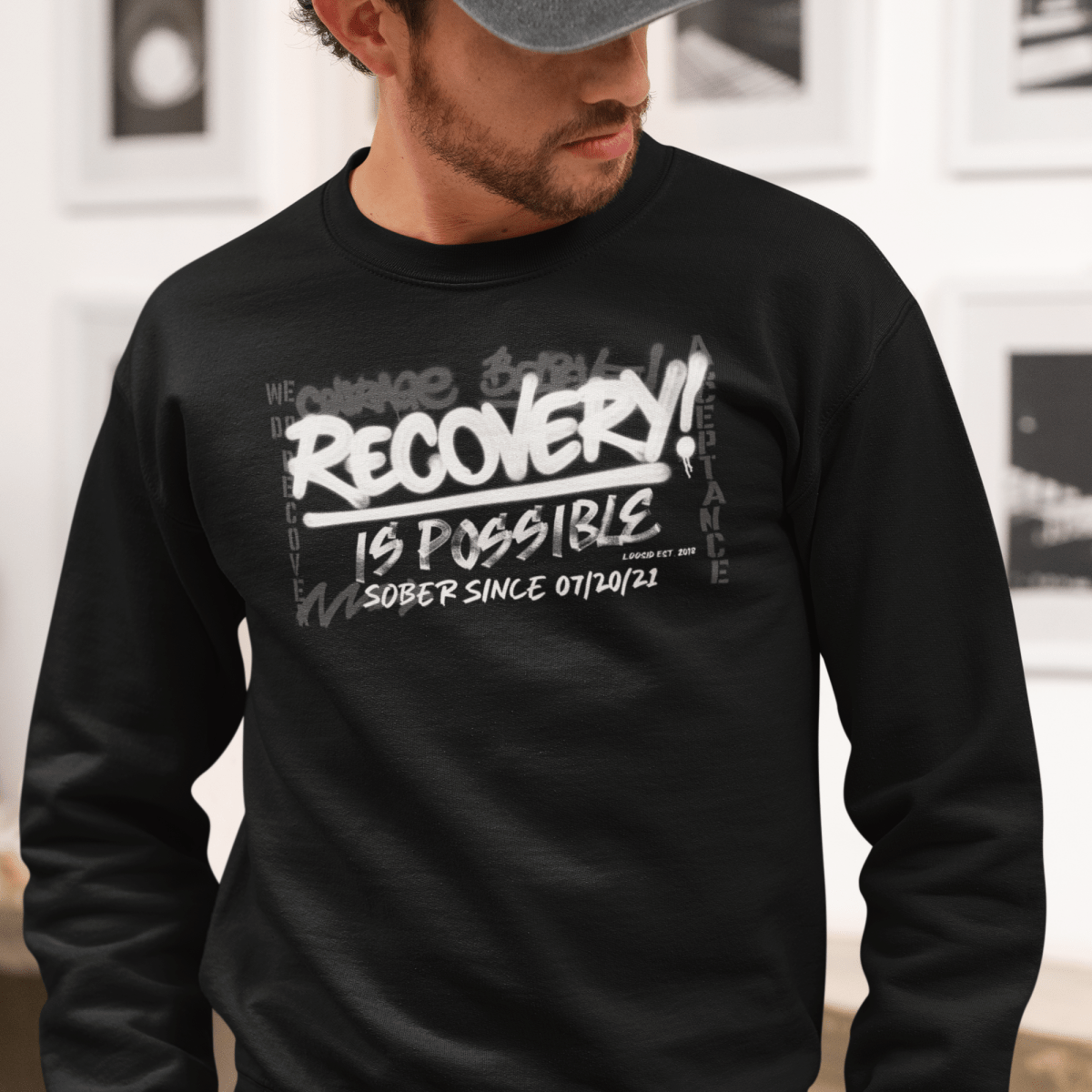 Soft cotton Recovery Sweater celebrating the sobriety journey