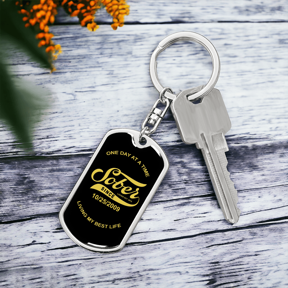 Sobriety Gift keychain with engraved sober date and sleek design