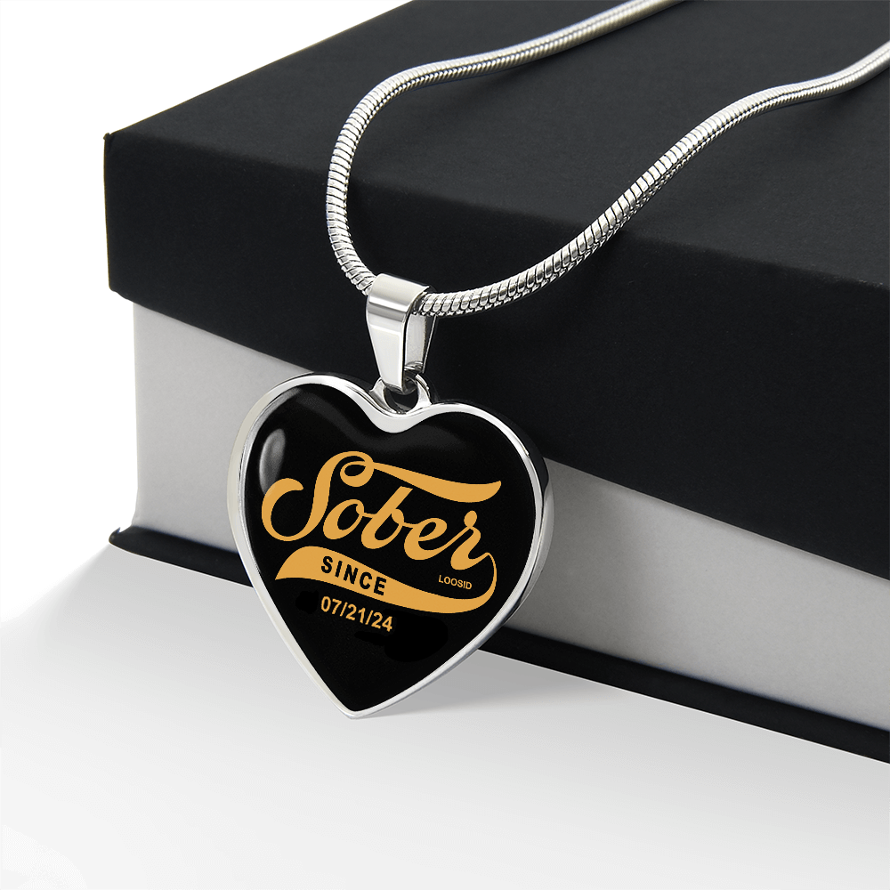 Elegant Sobriety Gift featuring custom Sober Since heart pendant