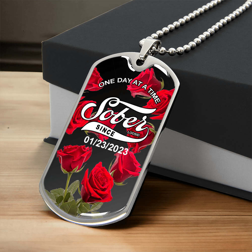 Sober Jewelry | Rose Sober Since Dog Tag Necklace Custom Date