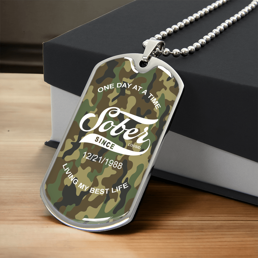 Sobriety Gift | Camo Dog Tag Necklace with Personalized Date