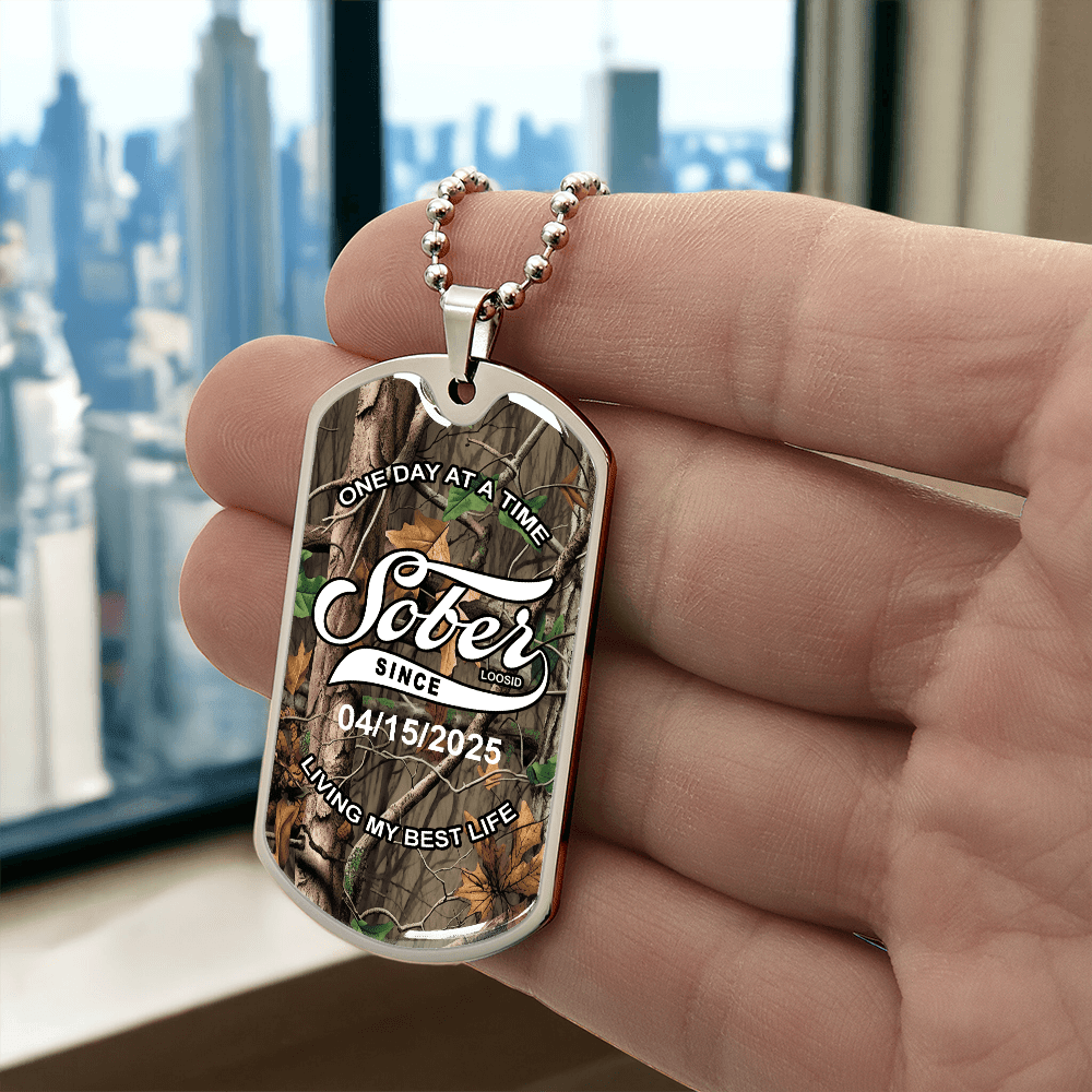 Sobriety Gift | Hunting Camo Dog Tag with Personalized 'Sober Since' Date