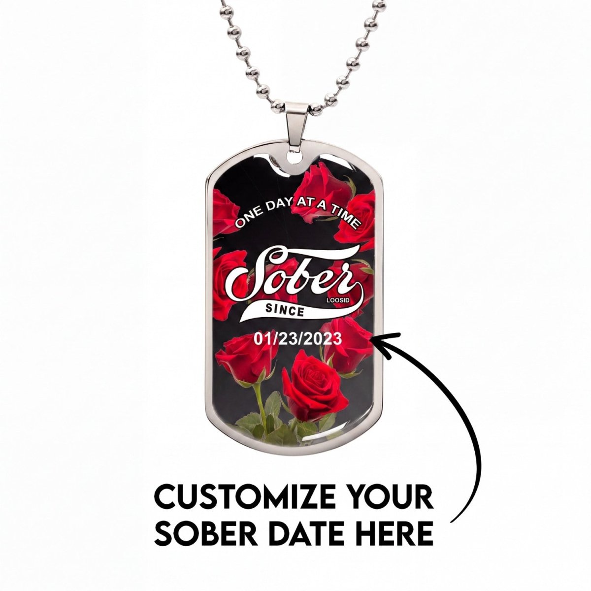 Sober Gift | Rose Sober Since Dog Tag Jewelry