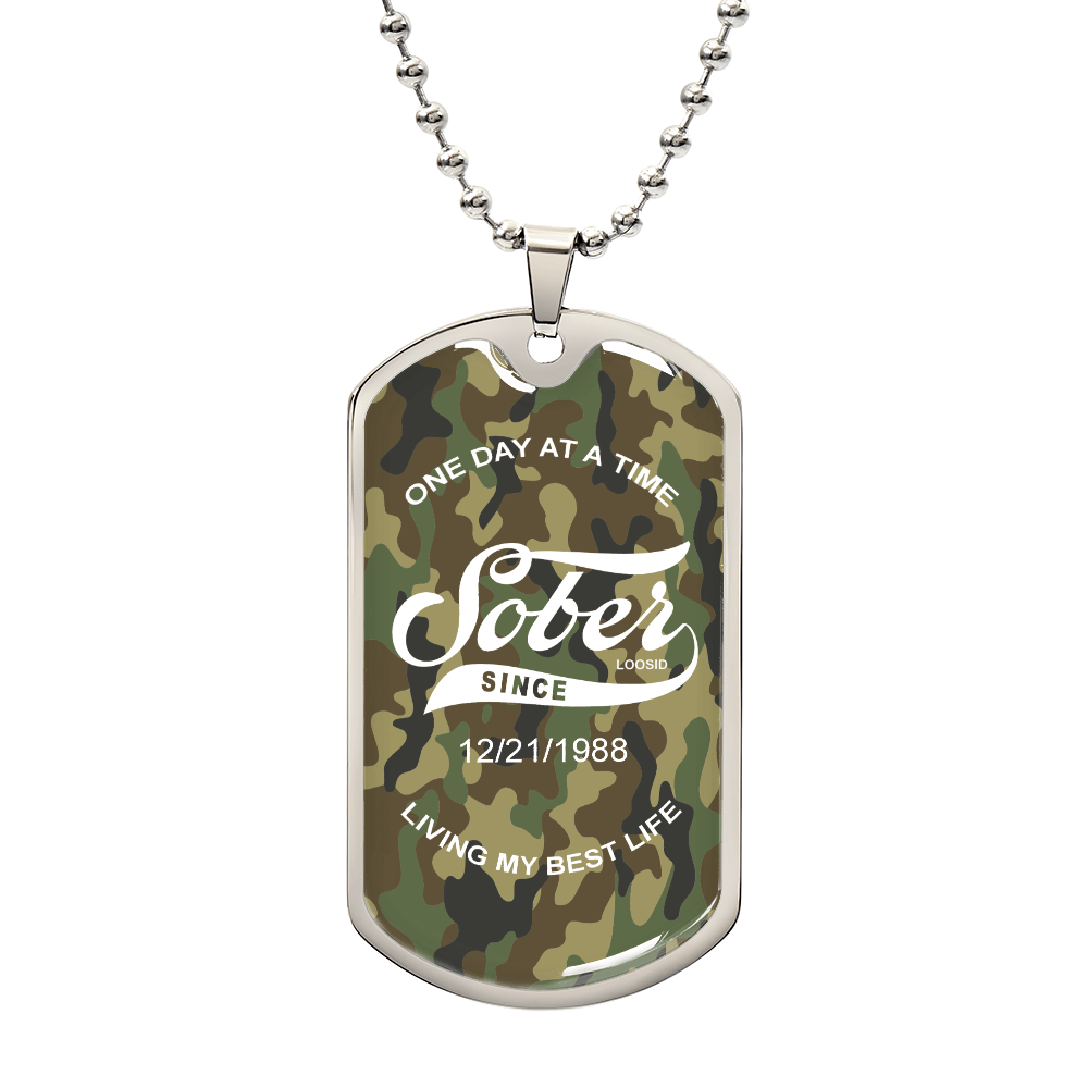 Personalized Sobriety Gift necklace with rugged camo design and Cuban chain