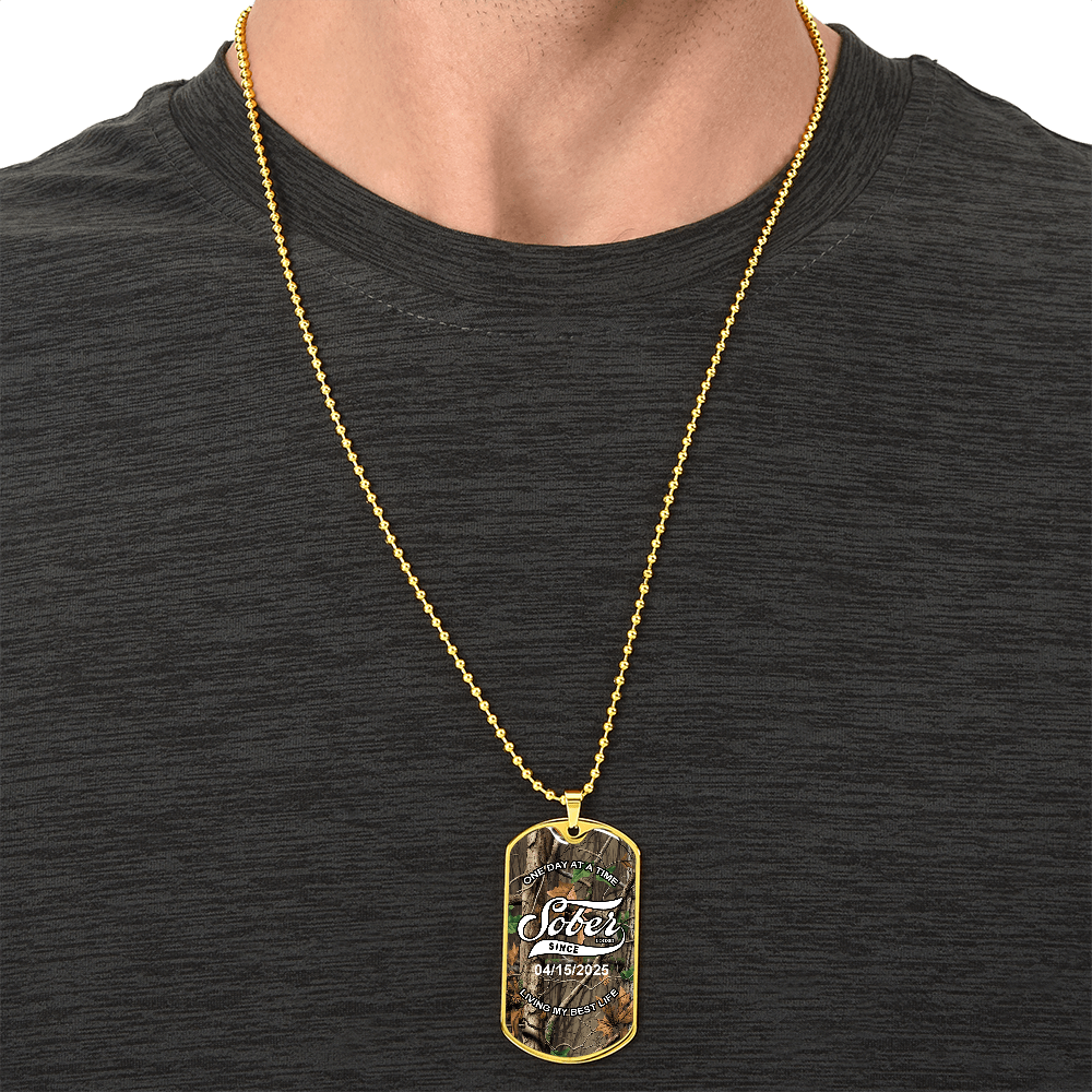 Sobriety Gift | Hunting Camo Dog Tag with Personalized 'Sober Since' Date