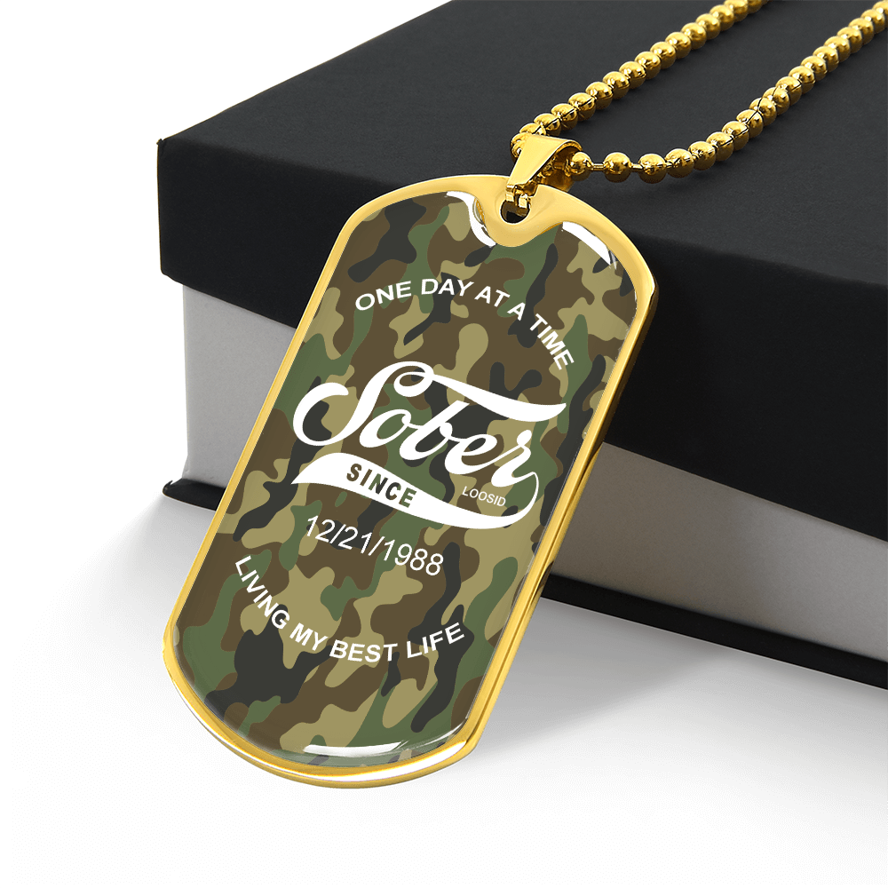 Men’s Sobriety Gift necklace with camo background and custom date